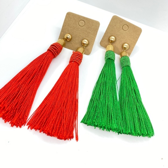Long Silk Tassel Earrings Set of Three Red Green Yellow - Picture 6 of 6